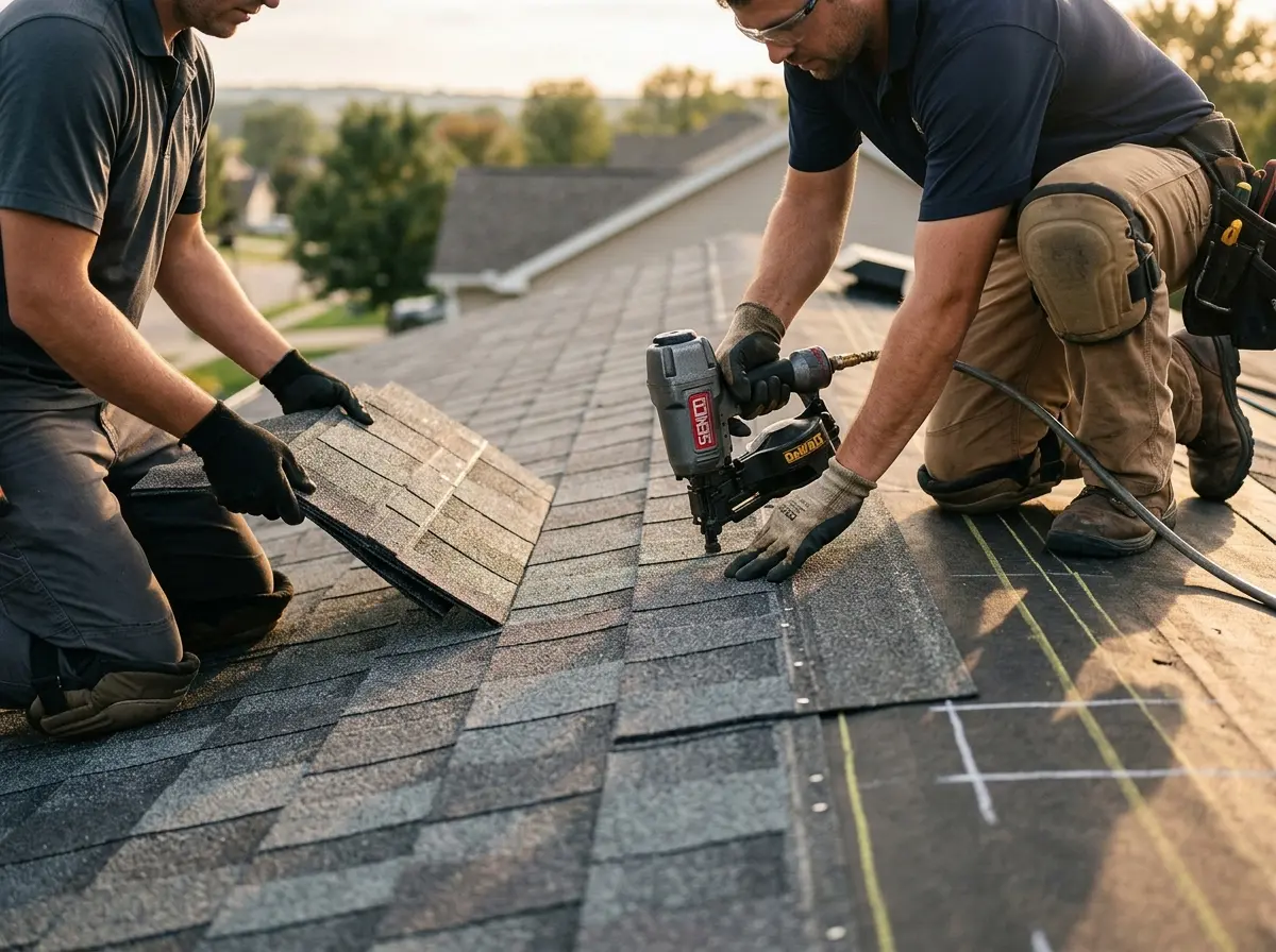 Professional roofer working on a residential roof in Tigard